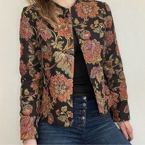 Sandra Darren Black Floral Brocade Jacket Size 10 Beaded Cropped Blazer
